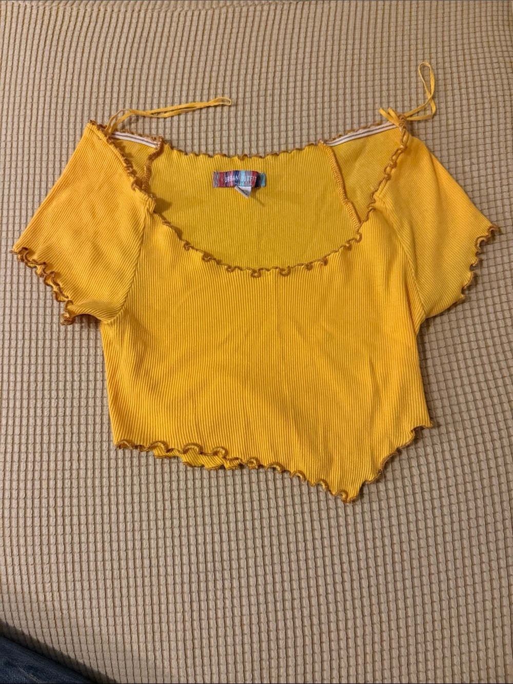 Urban Outfitters Mustard Yellow Ribbed Lettuce-Edge Crop Top